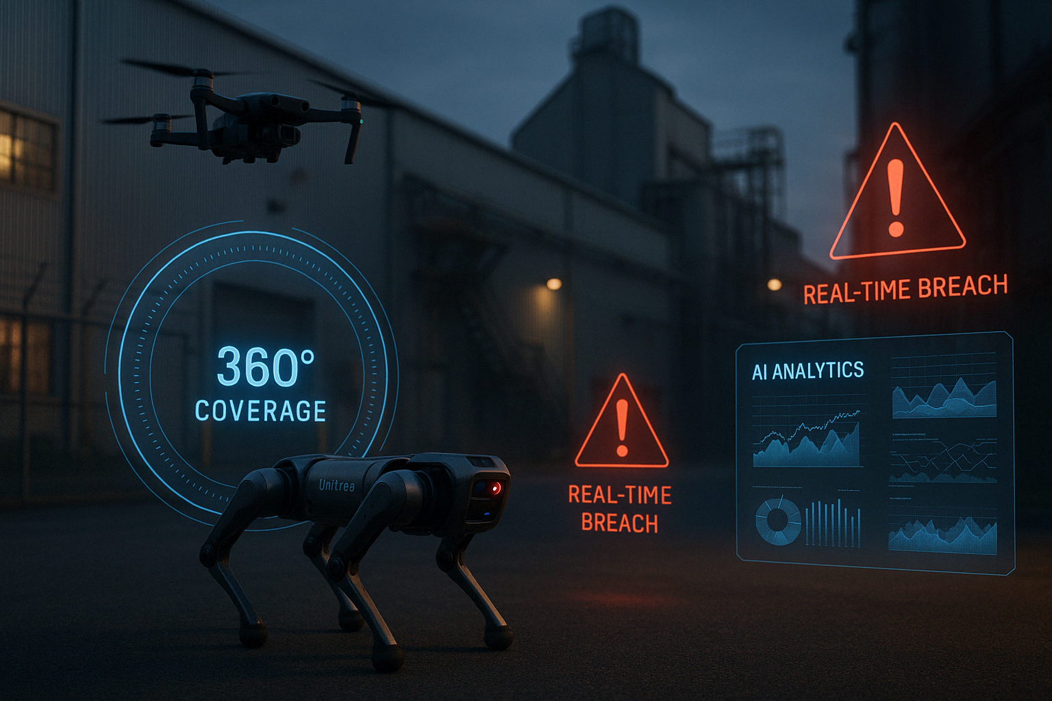 Patroll AI surveillance system showing 360° coverage, real-time breach alerts, and AI analytics