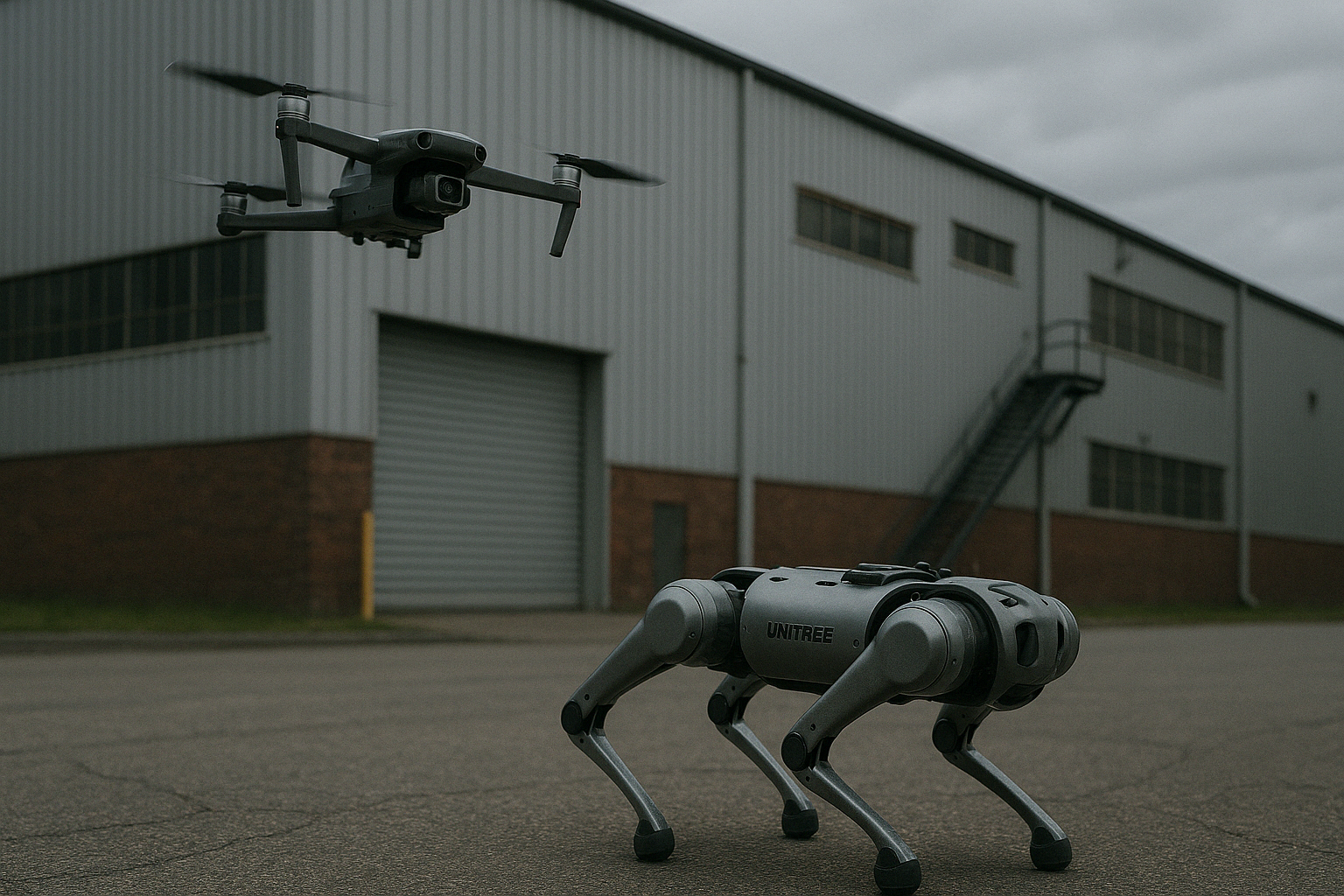 Patroll surveillance system with Unitree Go2 robot and DJI drone monitoring an industrial facility